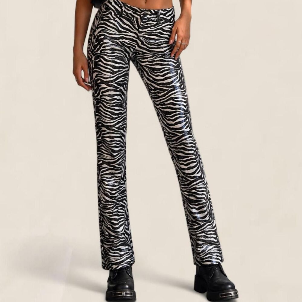 Cool Vintage Y2K Zebra Sequin Glam Rock Straight Leg Pants Size 8